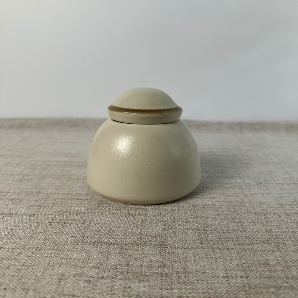 Dansk Santiago White Lidded Sugar Bowl | Cream Beige Ceramic Tan Trim